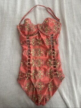 Tori Praver Coral and Yellow Patterned One-Piece Swimsuit